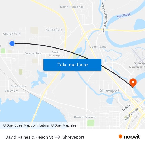 David Raines & Peach St to Shreveport map