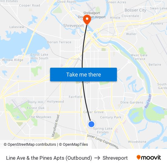 Line Ave & the Pines Apts (Outbound) to Shreveport map