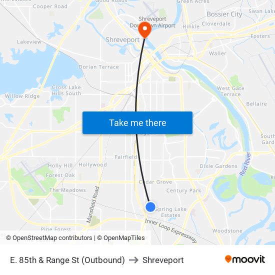 E. 85th & Range St (Outbound) to Shreveport map