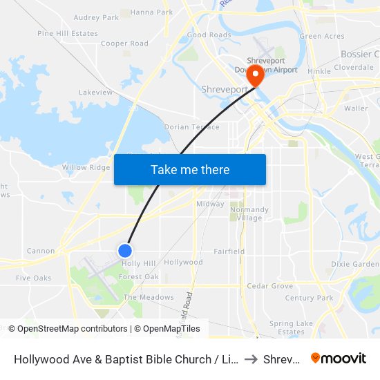 Hollywood Ave & Baptist Bible Church / Library (Outbound) to Shreveport map