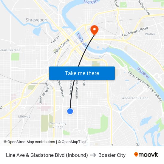 Line Ave & Gladstone Blvd (Inbound) to Bossier City map