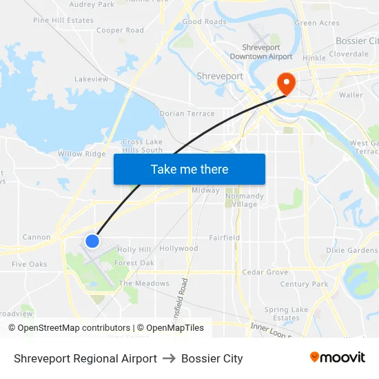 Shreveport Regional Airport to Bossier City map