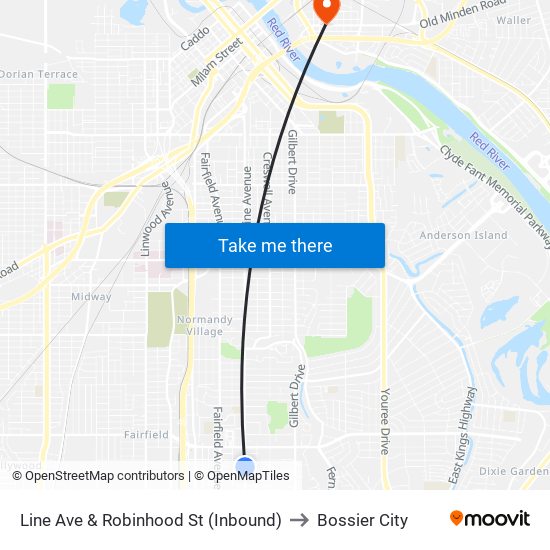 Line Ave & Robinhood St (Inbound) to Bossier City map