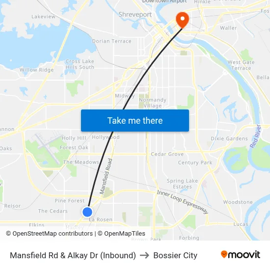 Mansfield Rd & Alkay  Dr (Inbound) to Bossier City map