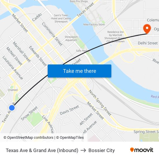 Texas Ave & Grand Ave (Inbound) to Bossier City map