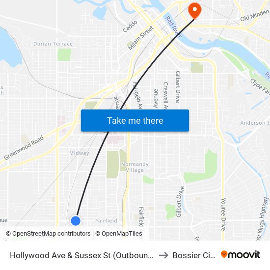 Hollywood Ave & Sussex St (Outbound) to Bossier City map