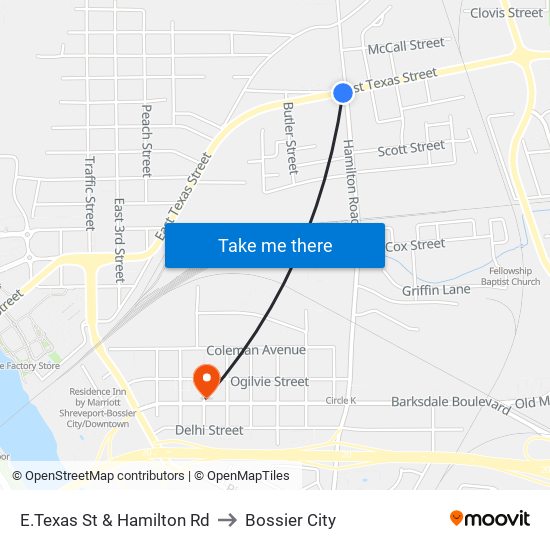 E.Texas St & Hamilton Rd to Bossier City map