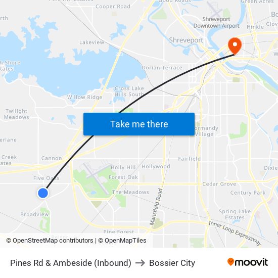 Pines Rd & Ambeside (Inbound) to Bossier City map