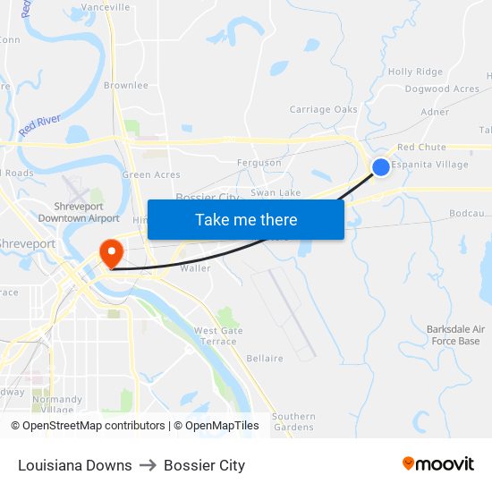 Louisiana Downs to Bossier City map