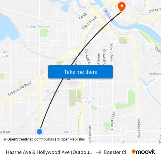 Hearne Ave & Hollywood Ave (Outbound) to Bossier City map