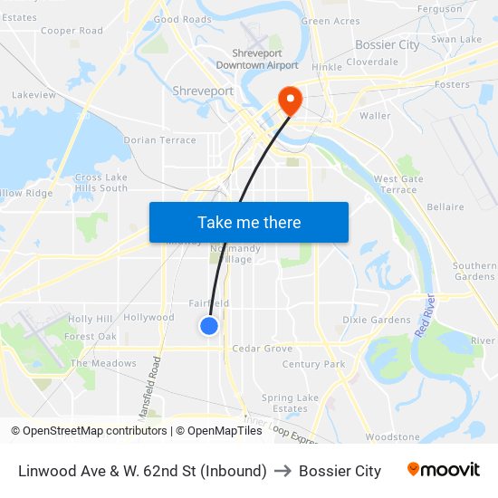 Linwood Ave & W. 62nd St (Inbound) to Bossier City map