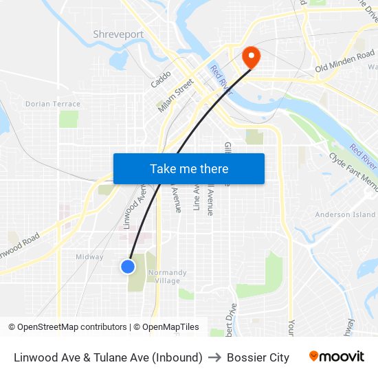 Linwood Ave & Tulane Ave (Inbound) to Bossier City map