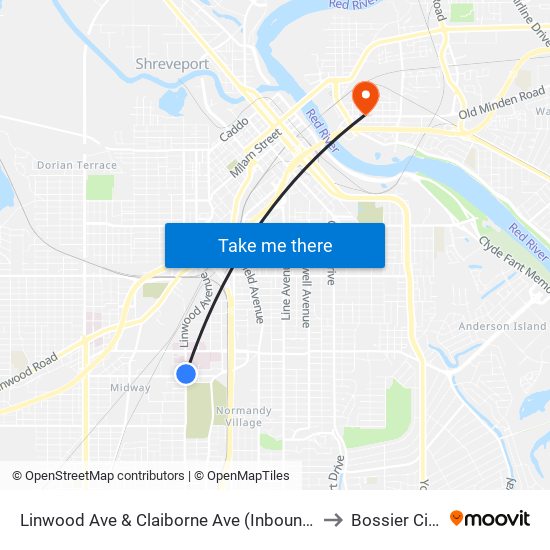 Linwood Ave & Claiborne Ave (Inbound) to Bossier City map