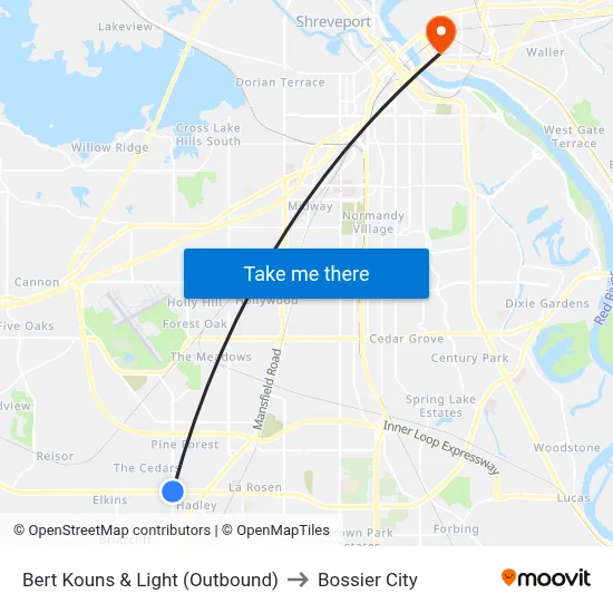 Bert Kouns & Light (Outbound) to Bossier City map