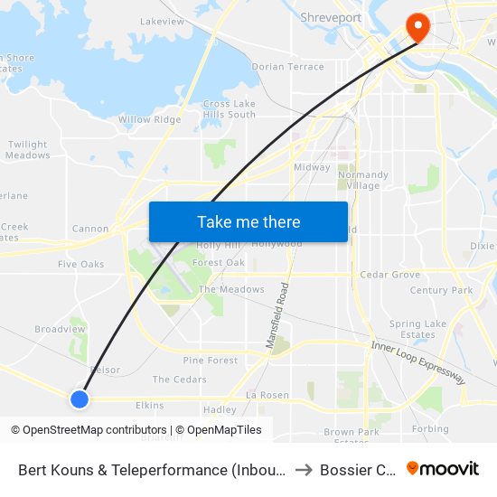 Bert Kouns & Teleperformance (Inbound) to Bossier City map