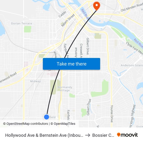 Hollywood Ave & Bernstein Ave (Inbound) to Bossier City map