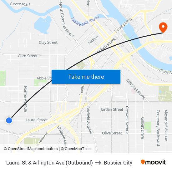 Laurel St & Arlington Ave (Outbound) to Bossier City map