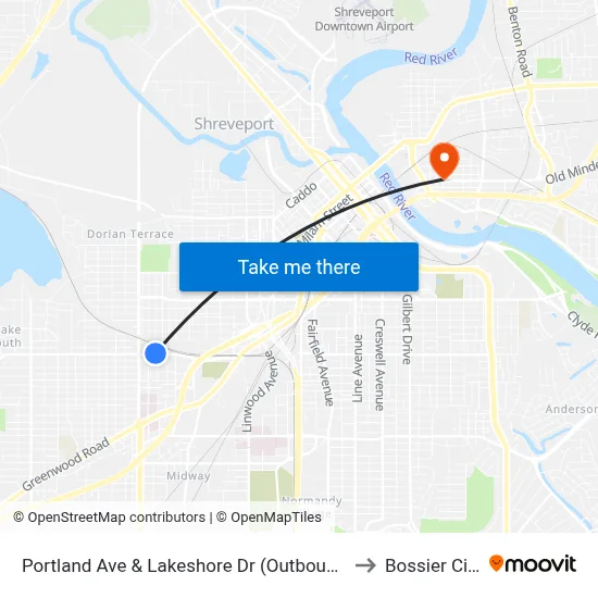 Portland Ave & Lakeshore Dr (Outbound) to Bossier City map