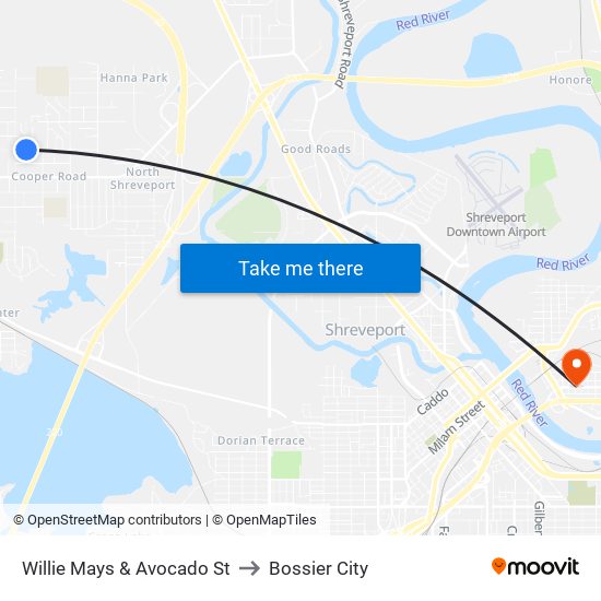 Willie Mays & Avocado St to Bossier City map