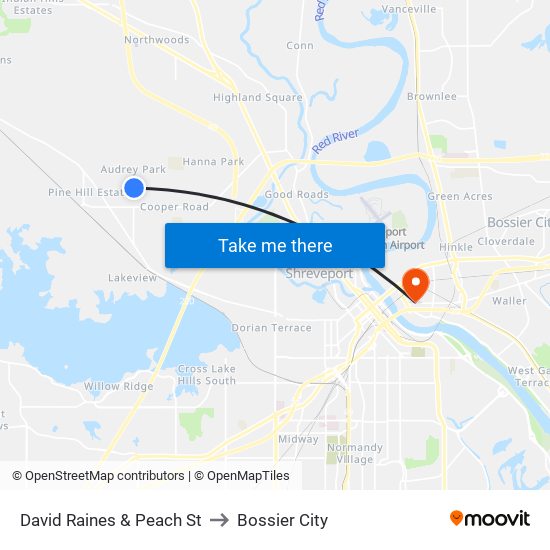 David Raines & Peach St to Bossier City map