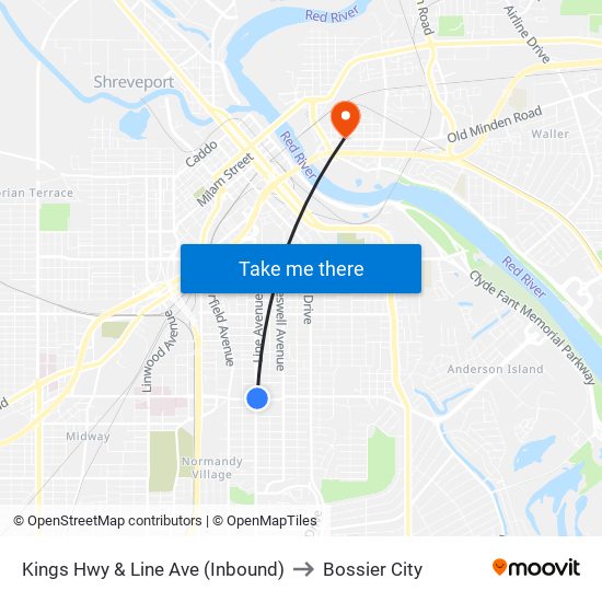 Kings Hwy & Line Ave (Inbound) to Bossier City map