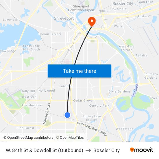 W. 84th St & Dowdell St (Outbound) to Bossier City map