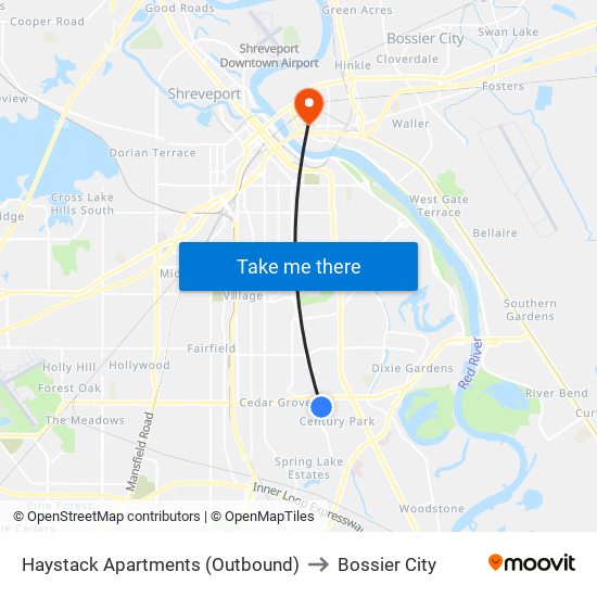 Haystack Apartments (Outbound) to Bossier City map