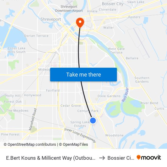 E.Bert Kouns & Millicent Way (Outbound) to Bossier City map