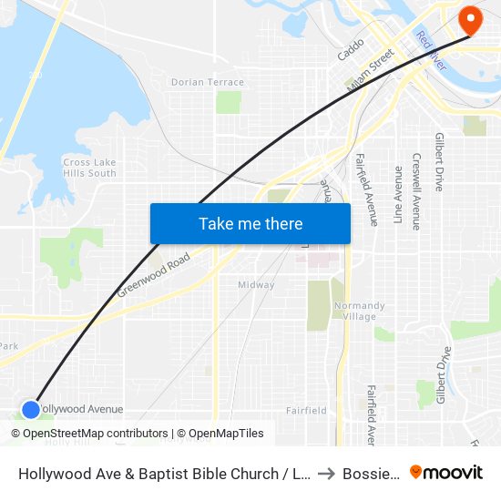 Hollywood Ave & Baptist Bible Church / Library (Outbound) to Bossier City map