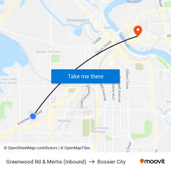 Greenwood Rd & Mertis (Inbound) to Bossier City map