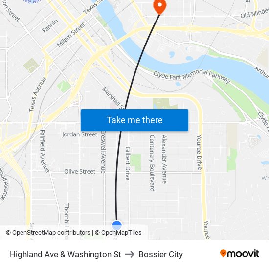 Highland Ave & Washington St to Bossier City map