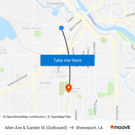 Allen Ave & Garden St (Outbound) to Shreveport, LA map