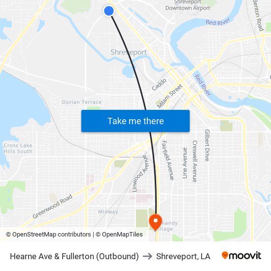 Hearne Ave & Fullerton (Outbound) to Shreveport, LA map