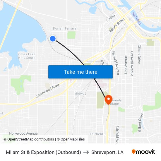 Milam St & Exposition (Outbound) to Shreveport, LA map