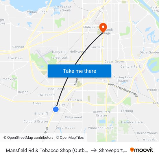 Mansfield Rd & Tobacco Shop (Outbound) to Shreveport, LA map