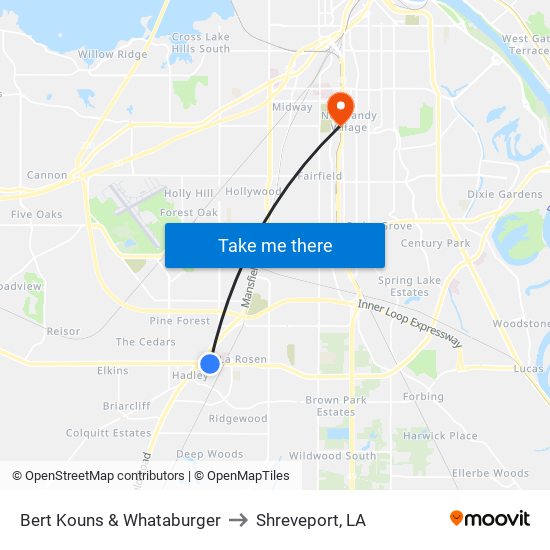 Bert Kouns & Whataburger to Shreveport, LA map
