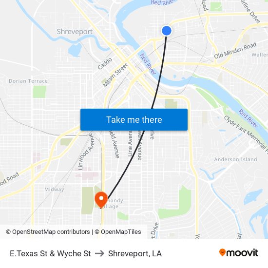 E.Texas St & Wyche St to Shreveport, LA map