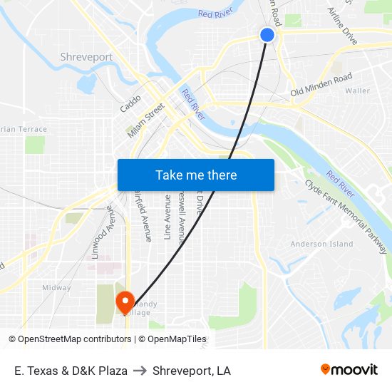 E. Texas & D&K Plaza to Shreveport, LA map