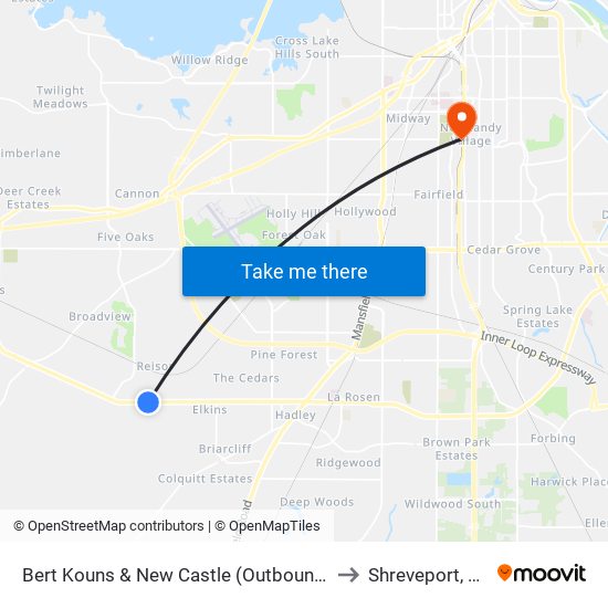 Bert Kouns & New Castle (Outbound) to Shreveport, LA map