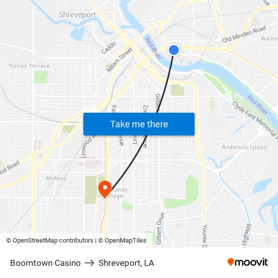 Boomtown Casino to Shreveport, LA map
