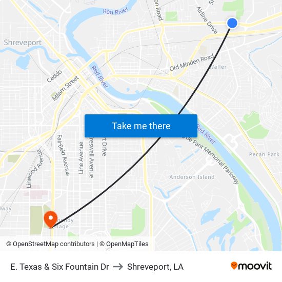 E. Texas & Six Fountain Dr to Shreveport, LA map