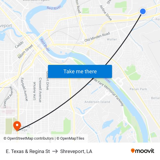 E. Texas & Regina St to Shreveport, LA map