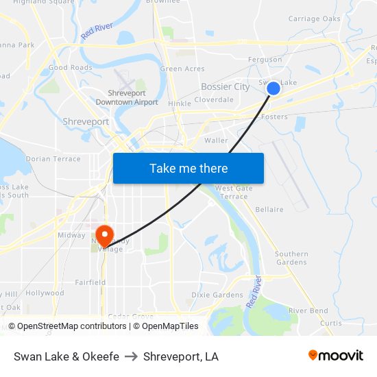 Swan Lake & Okeefe to Shreveport, LA map