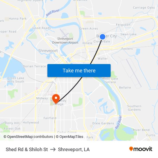 Shed Rd & Shiloh St to Shreveport, LA map