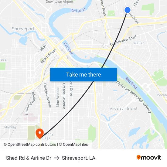 Shed Rd & Airline Dr to Shreveport, LA map