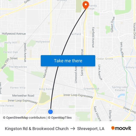 Kingston Rd & Brookwood Church to Shreveport, LA map