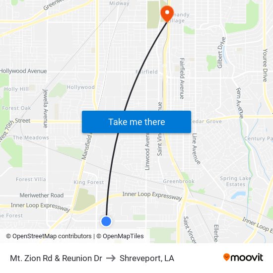 Mt. Zion Rd & Reunion Dr to Shreveport, LA map