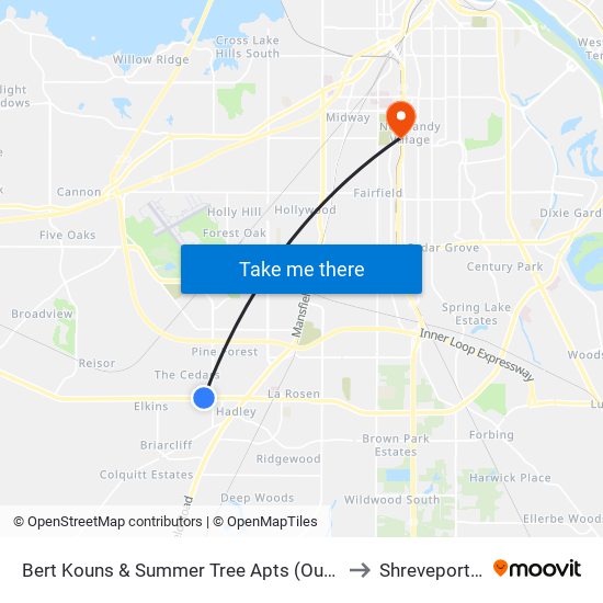 Bert Kouns & Summer Tree Apts (Outbound) to Shreveport, LA map