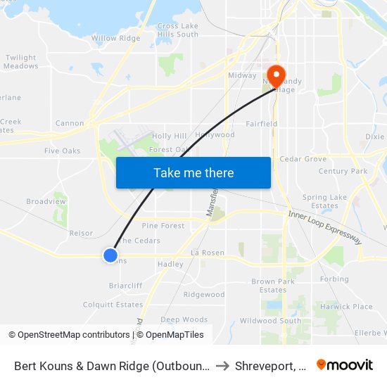 Bert Kouns & Dawn Ridge (Outbound) to Shreveport, LA map
