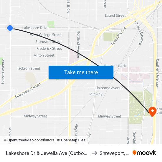 Lakeshore Dr & Jewella Ave (Outbound) to Shreveport, LA map